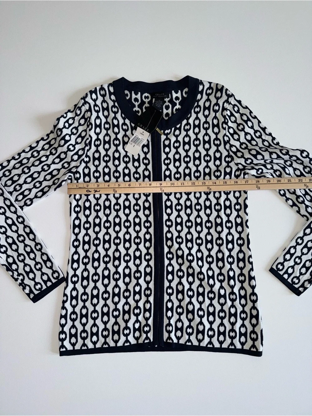 Grace Knit Dressing Royal & White Geometric Zip Cardigan Jacket Medium
